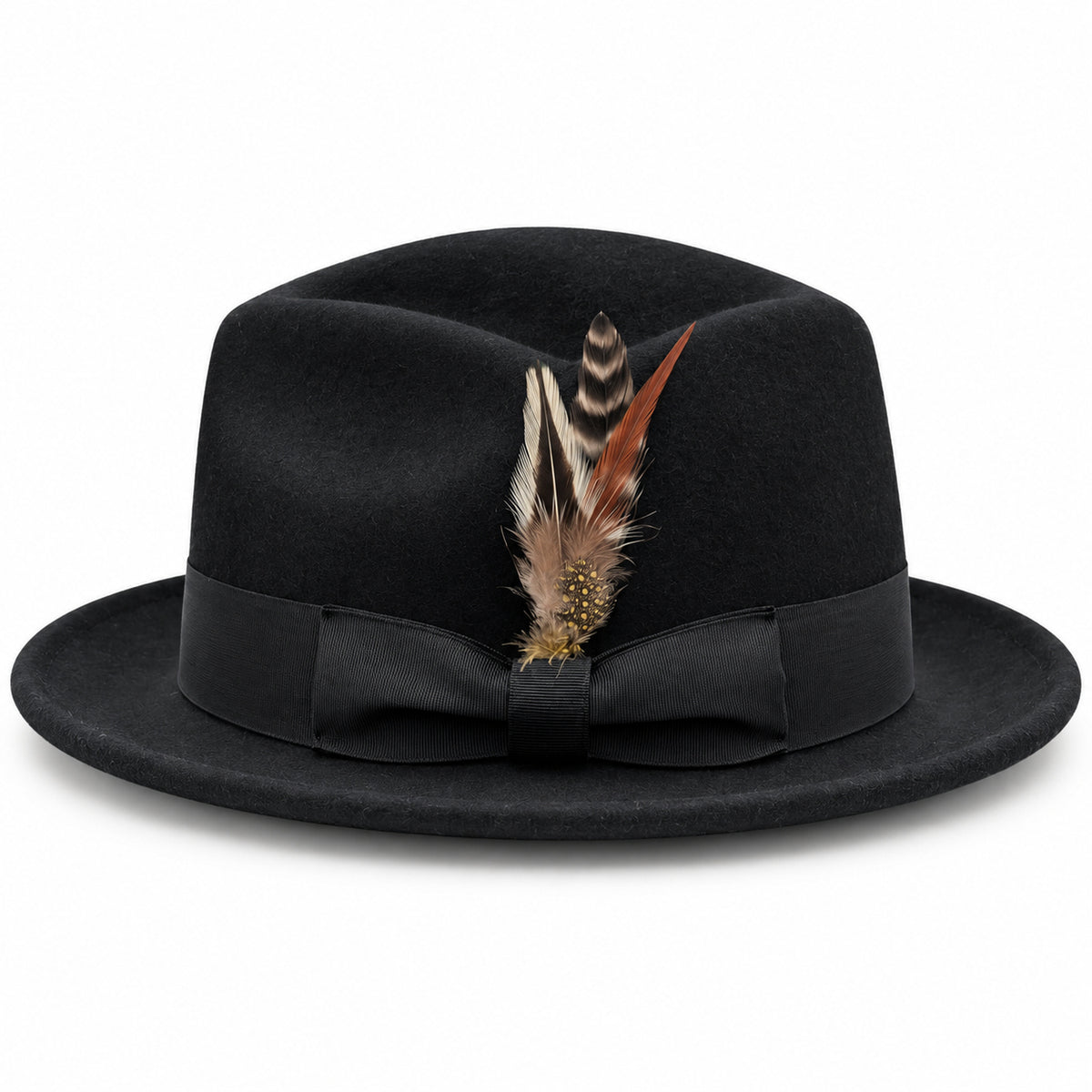 Black Lightfelt 2 1/2 inch wide brim pinch crown fedora hat by Montique side view with grosgrain bow and feather accent