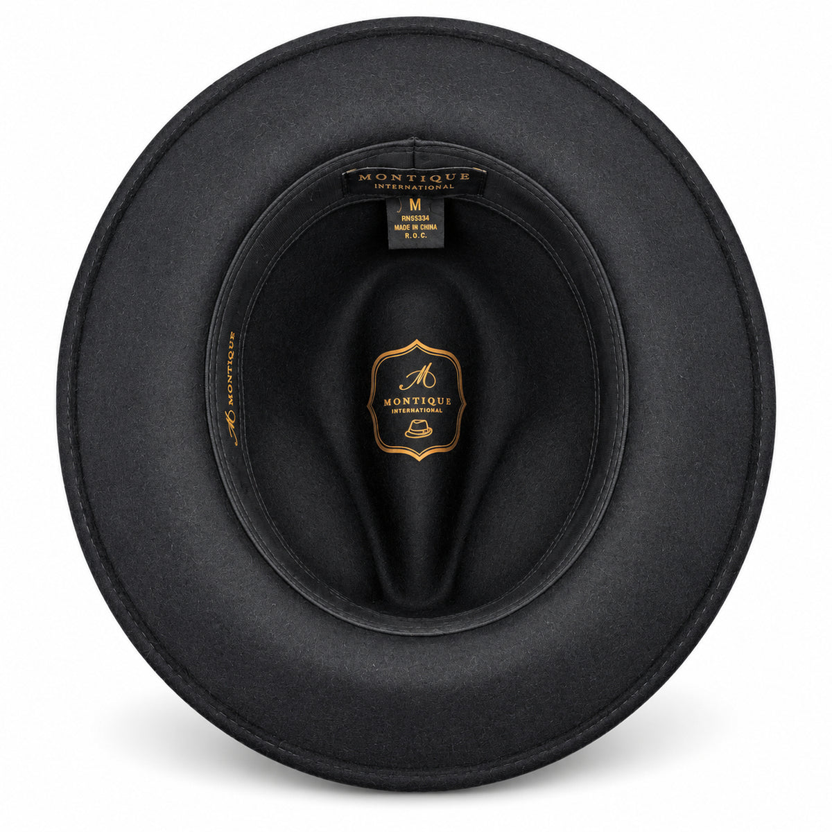 Black Lightfelt wide brim wool felt pinch crown fedora hat by Montique interior view with branded lining and black sweatband