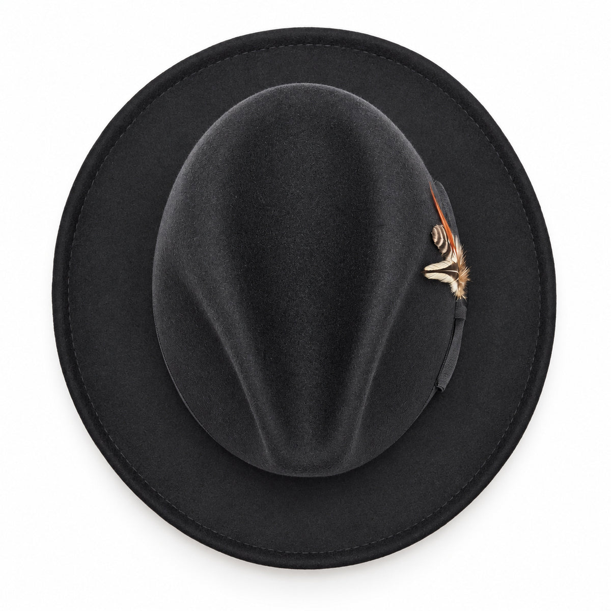 Black Lightfelt 2 1/2 inch wide brim wool felt pinch crown fedora hat by Montique top view with feather accent