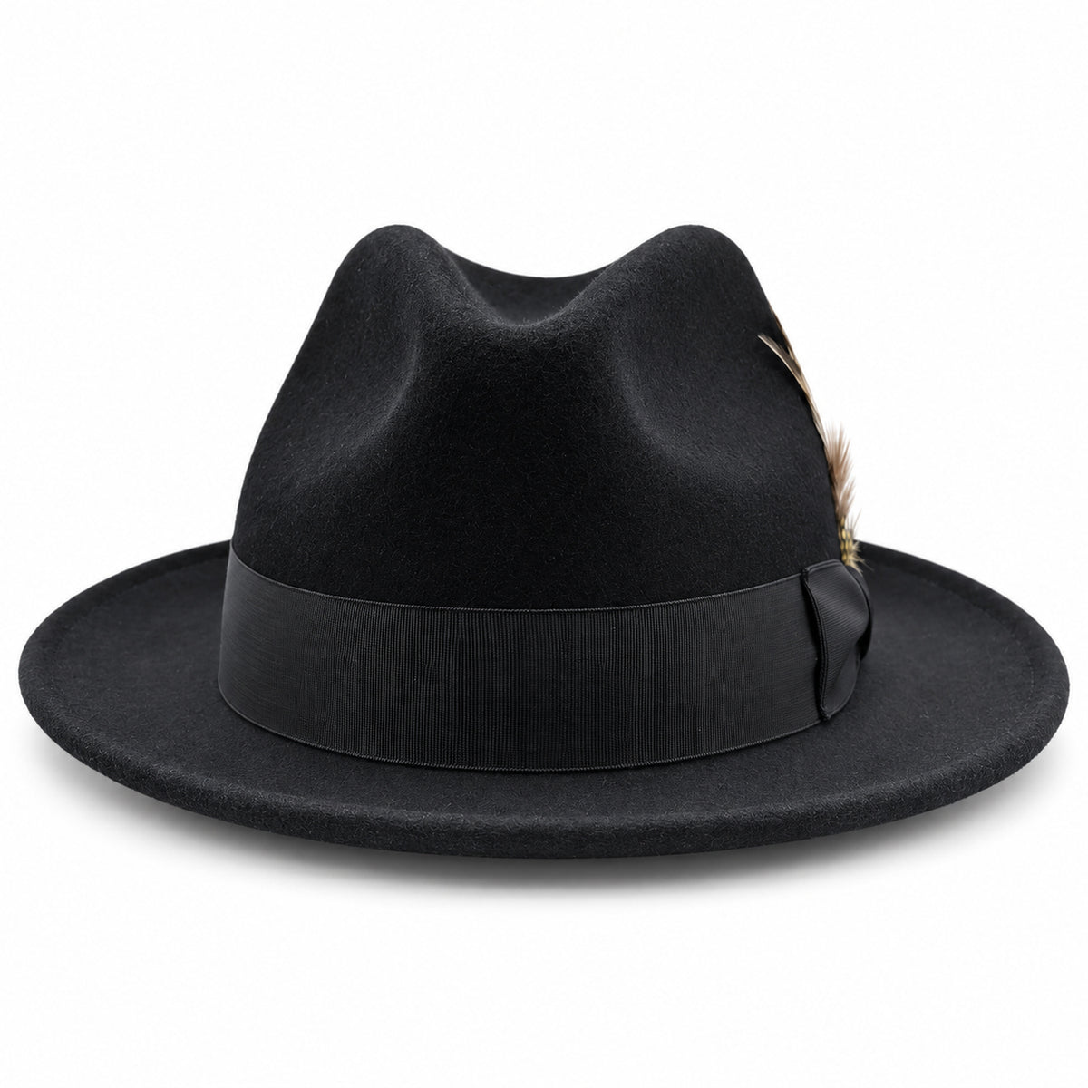 Black Lightfelt 2 1/2 inch wide brim pinch crown fedora hat by Montique front view with grosgrain bow and feather accent