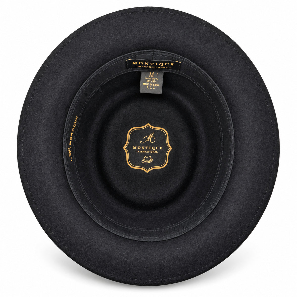 black  pork pie wool felt hat by Montique interior view with branded lining and black sweatband