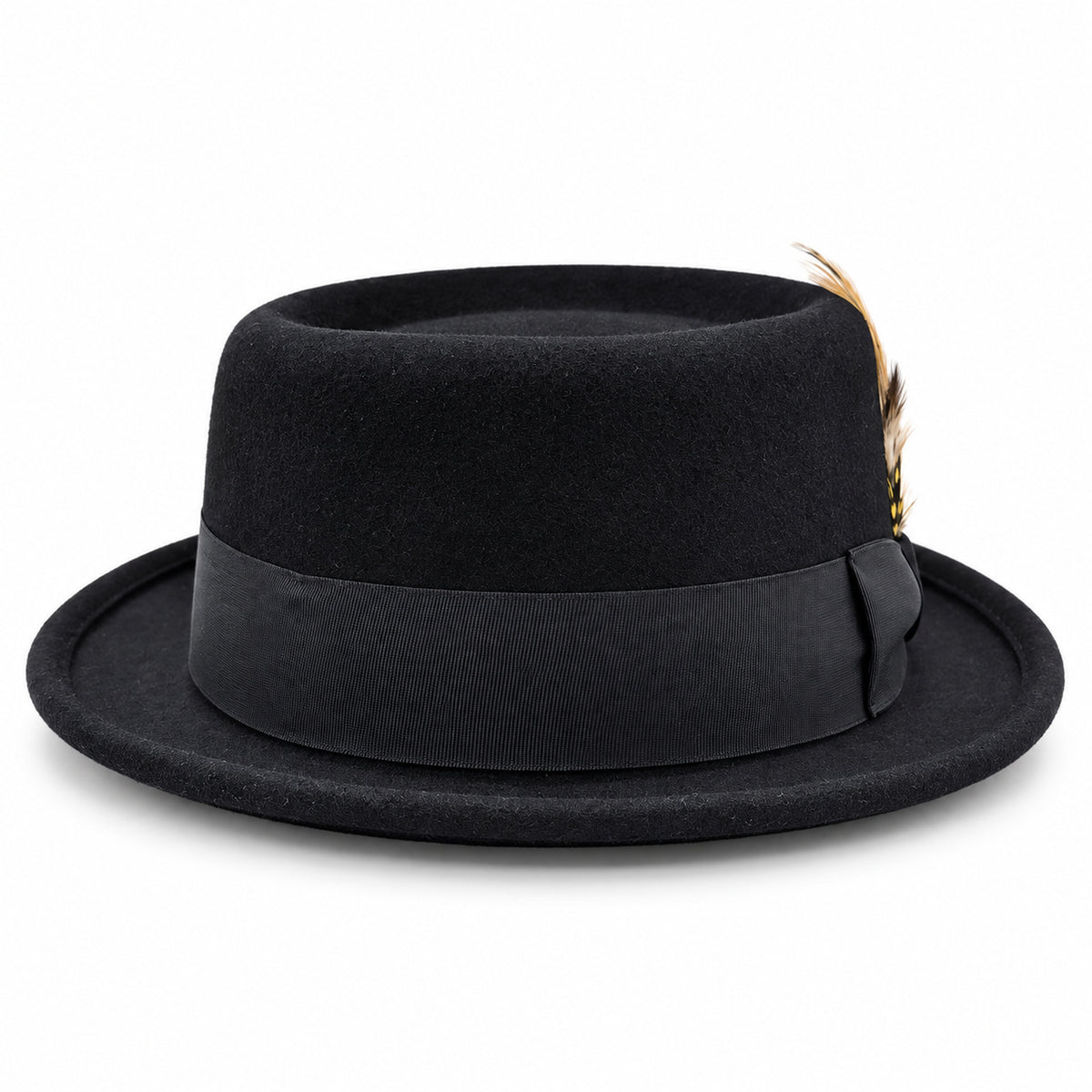 black pork pie wool felt hat by Montique front view with grosgrain bow and multicolor feather accent