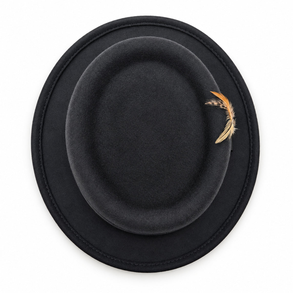 black pork pie wool felt hat by Montique top view with wide brim and feather accent