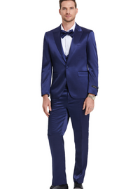 Tales Collection: Men's Sharkskin 3-Pc Suit with Peak Lapel In Blue- Slim Fit