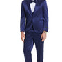 Tales Collection: Men's Sharkskin 3-Pc Suit with Peak Lapel In Blue- Slim Fit