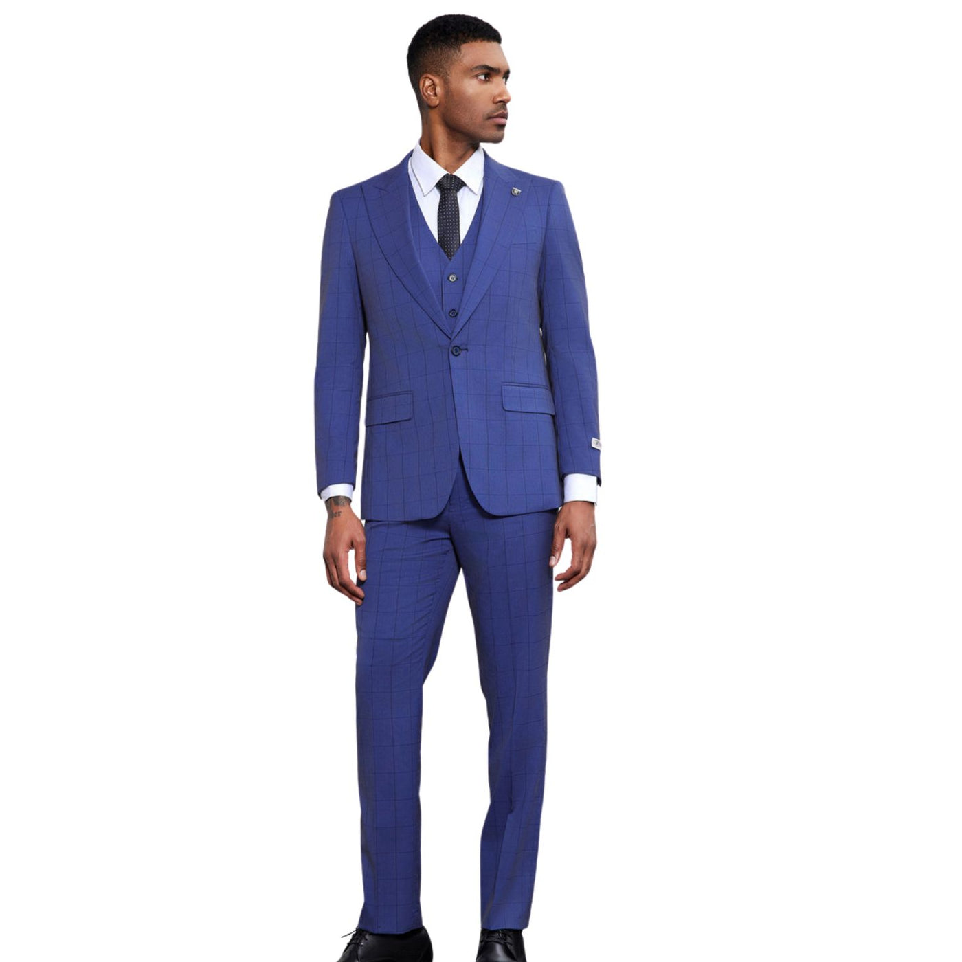 SKU#JA61612 Plaid Suit - Mens Windowpane Suit By Designer Brand - Gray with Blue