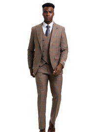 Nouvefy Collection: 3 Piece Plaid Hybrid Fit Suit In Brown For Men