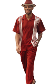 Montique Burgundy 2 Piece Checker Plaid Color Block Walking Suit