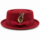burgundy pork pie wool felt hat by Montique side view with tonal grosgrain band and rolled brim