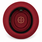 burgundy pork pie wool felt hat by Montique interior view with branded lining and black sweatband