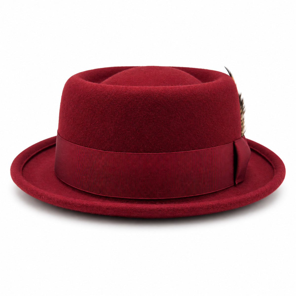 burgundy pork pie wool felt hat by Montique front view with grosgrain bow and multicolor feather accent