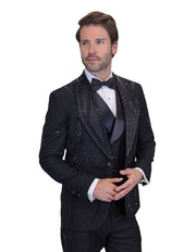 Thalassa Collection: Black Italian Wool 3-Piece Tuxedo with Rhinestones - Modern Fit