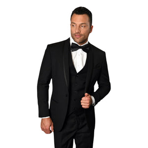 3-Piece Black Tuxedo with Bow Tie and Flat Front Pants - Black