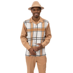 Men’s Camel Plaid Long Sleeve Walking Suit – 2 Piece Set