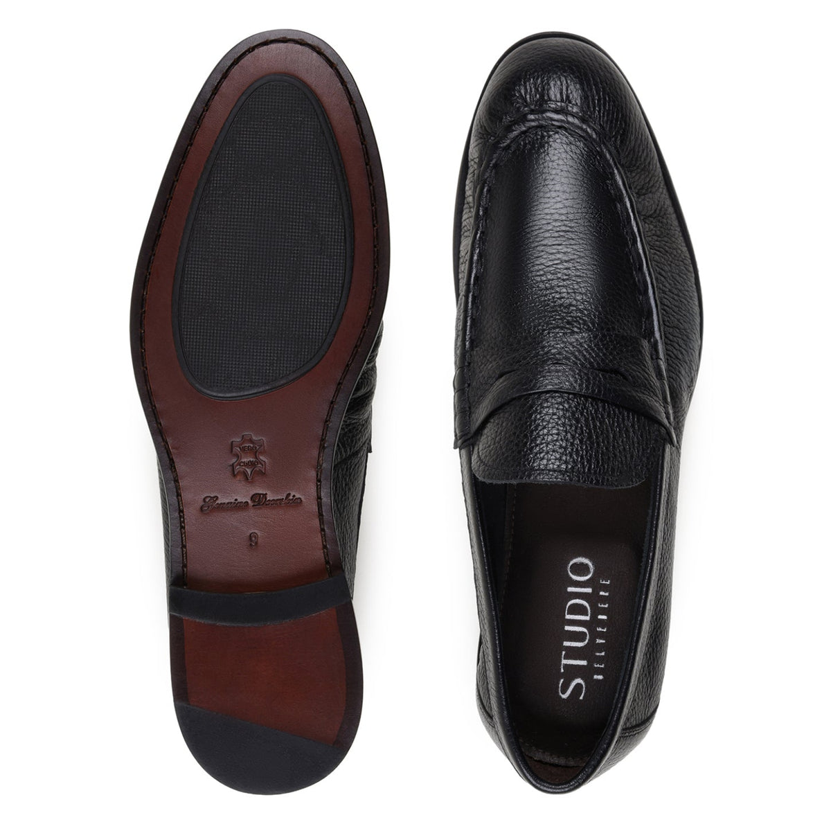 Leather and rubber sole of black Belvedere penny loafer