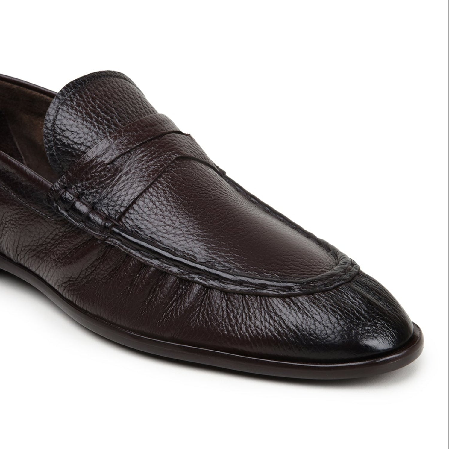 Brown Italian deerskin penny loafer by Belvedere close up