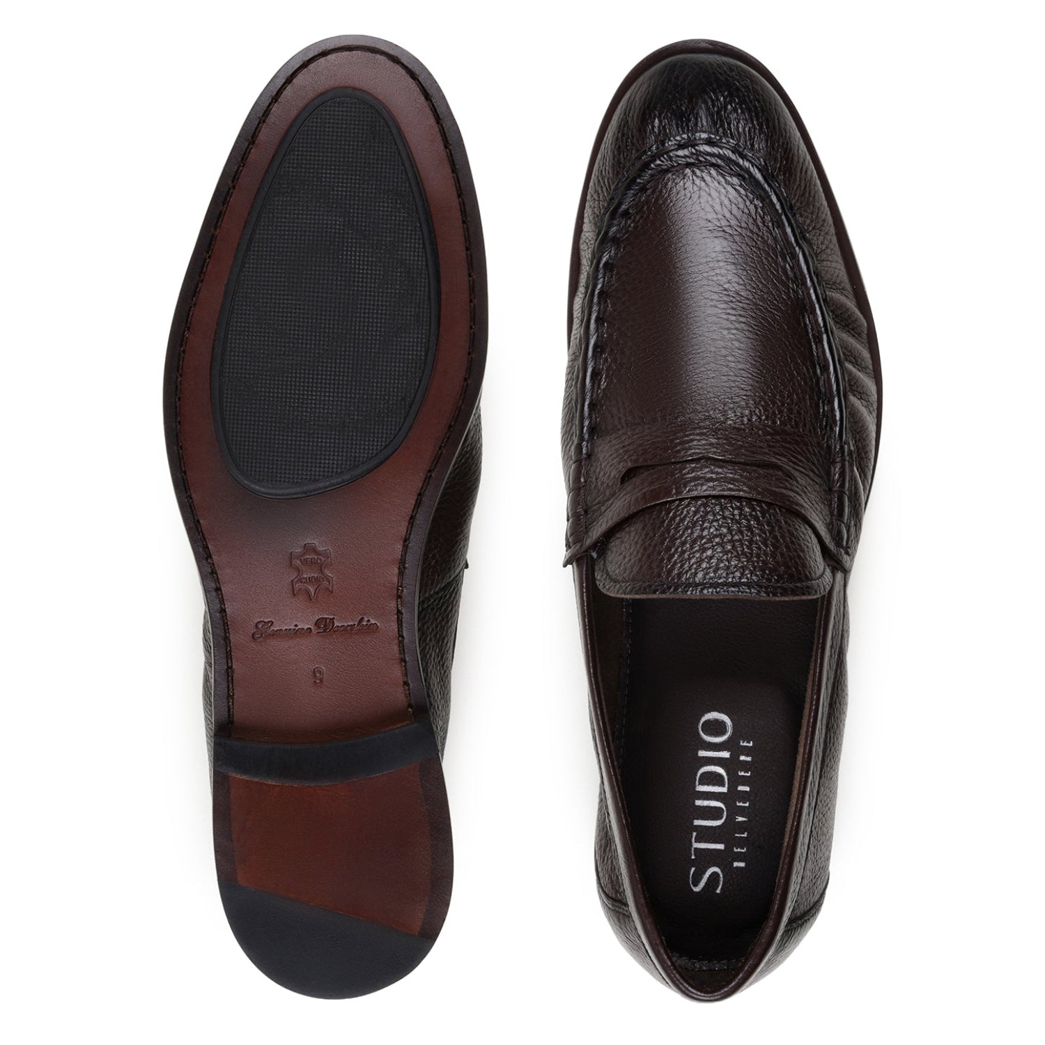 Leather and rubber sole of brown Belvedere penny loafer