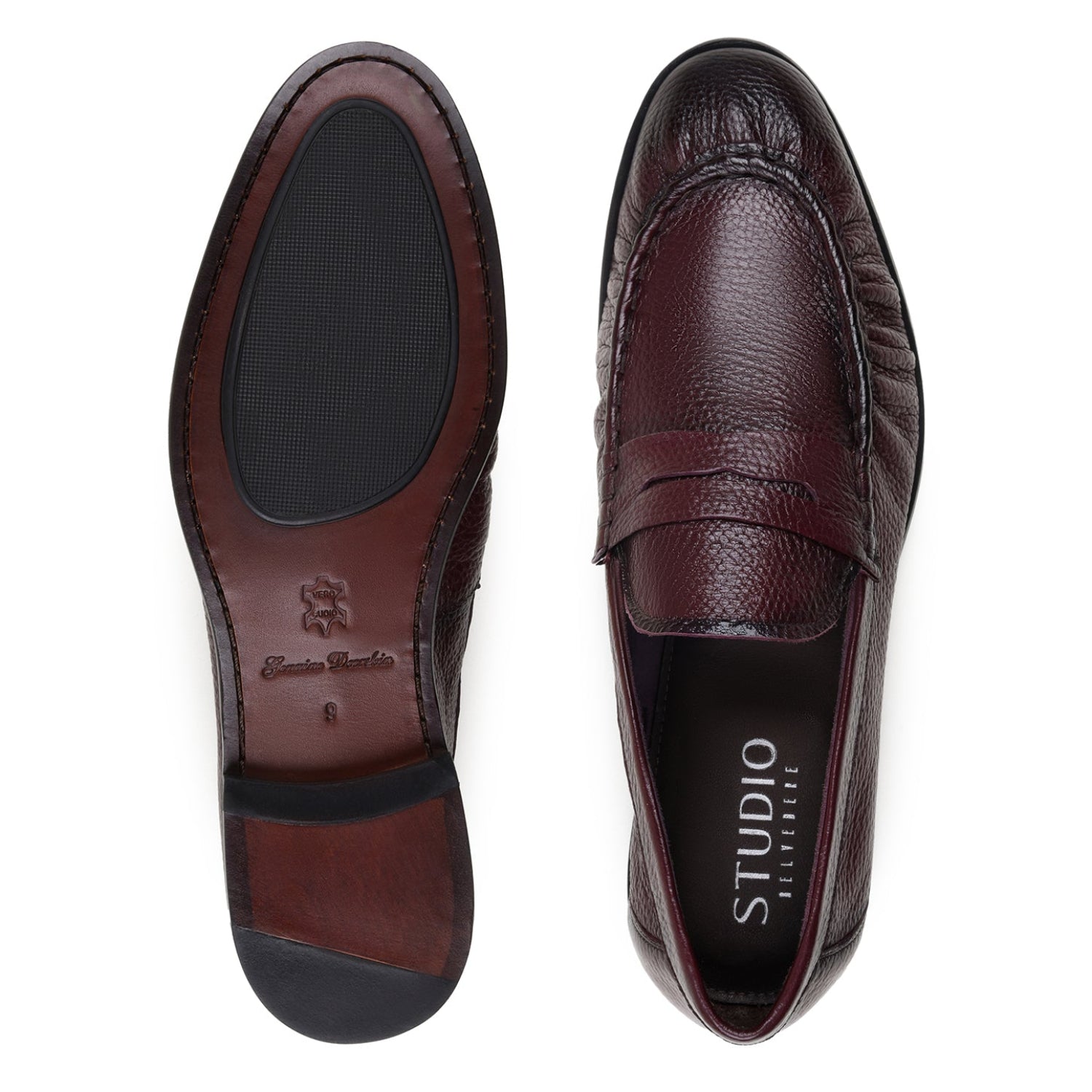 Leather and rubber sole of burgundy Belvedere penny loafer