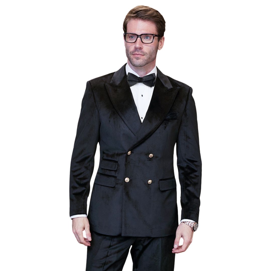 Elestian Collection: Black 2-Piece Velvet Double-Breasted Suit with Go ...