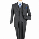 Front view of men’s charcoal Super 150s wool three-piece suit with double-breasted jacket, matching vest and pleated trousers