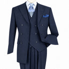 Three-quarter view of men’s navy three-piece double-breasted suit showing the peak lapels, vest and ticket pocket