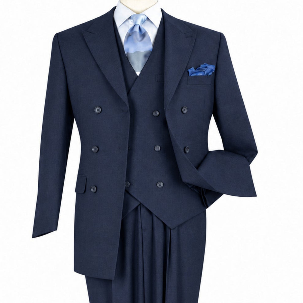 Three-quarter view of men’s navy three-piece double-breasted suit showing the peak lapels, vest and ticket pocket