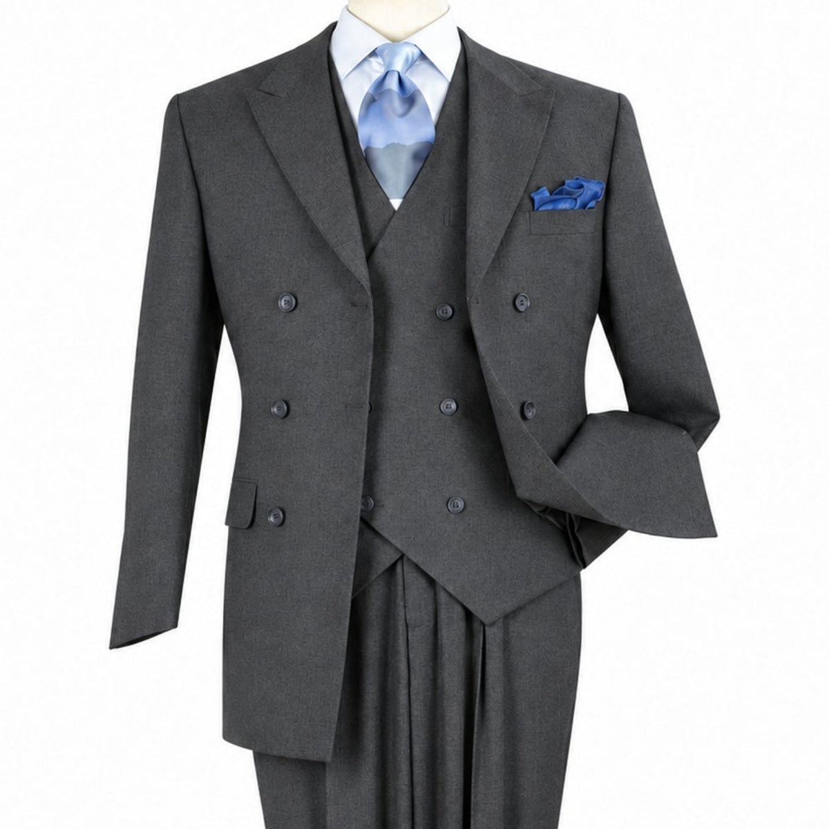 Three-quarter view of men’s charcoal three-piece double-breasted suit showing the peak lapels, vest and ticket pocket
