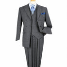 Front view of men’s grey Super 150s wool three-piece suit with double-breasted jacket, matching vest and pleated trousers
