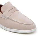 sand suede slip-on penny loafer top and angled view