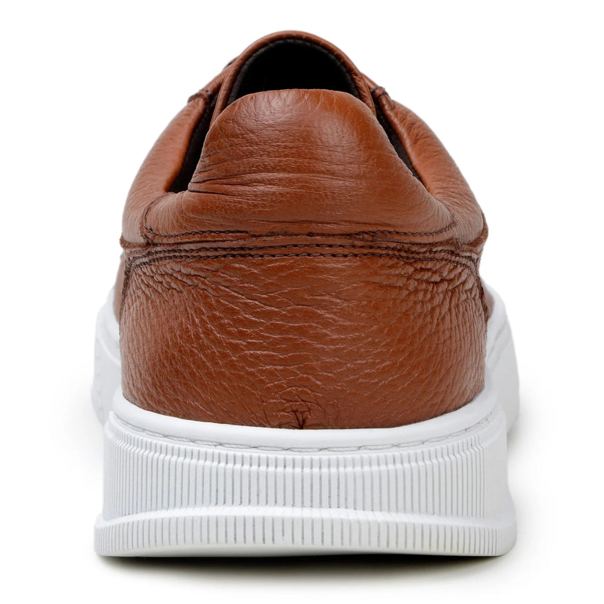 Back view of black low-top leather sneaker