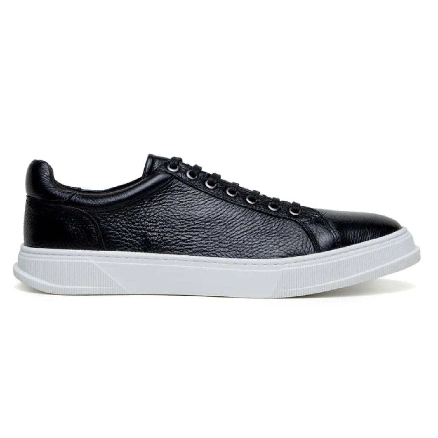 Outer side of black Italian leather low-top sneaker