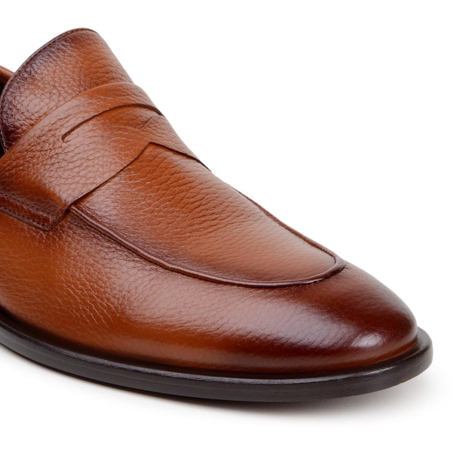 tan deerskin slip-on penny loafer top and angled view