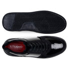 Top and rubber outsole views of black Belvedere Edmound sneakers