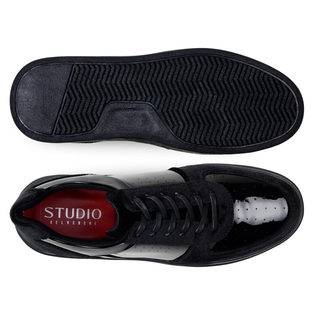 Top and rubber outsole views of black Belvedere Edmound sneakers