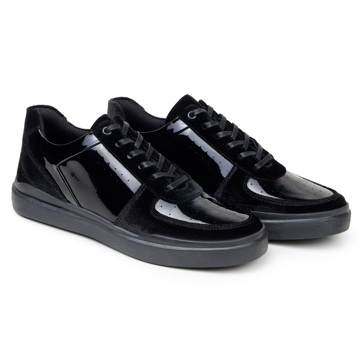 Pair of black Belvedere Edmound court sneakers with velvet and patent panels