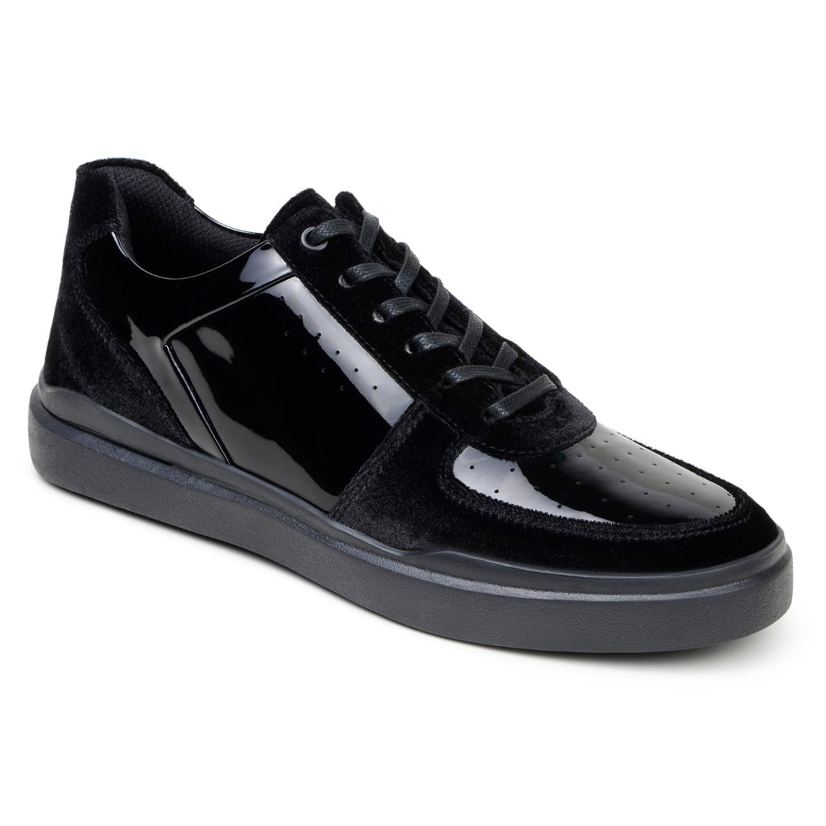 Angled view of black velvet and patent leather Edmound sneaker by Belvedere
