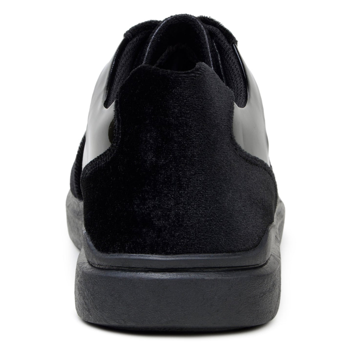 Rear view of black velvet Edmound sneaker with padded collar