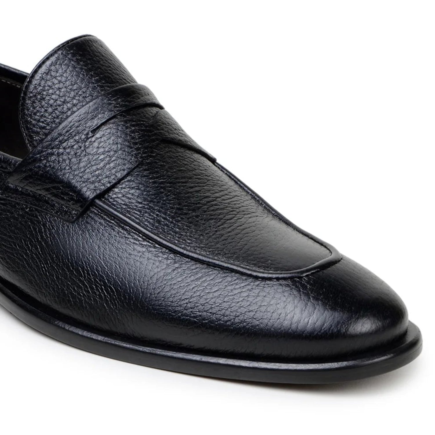 black deerskin slip-on penny loafer top and angled view