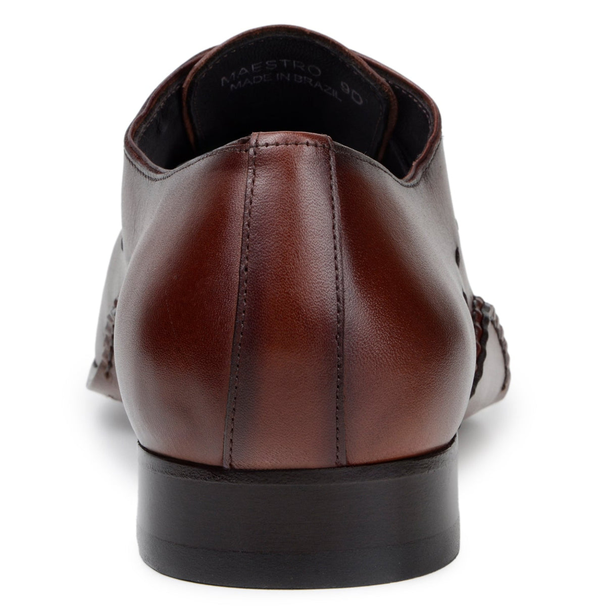 Heel view of antique cognac Belvedere Maestro dress shoe