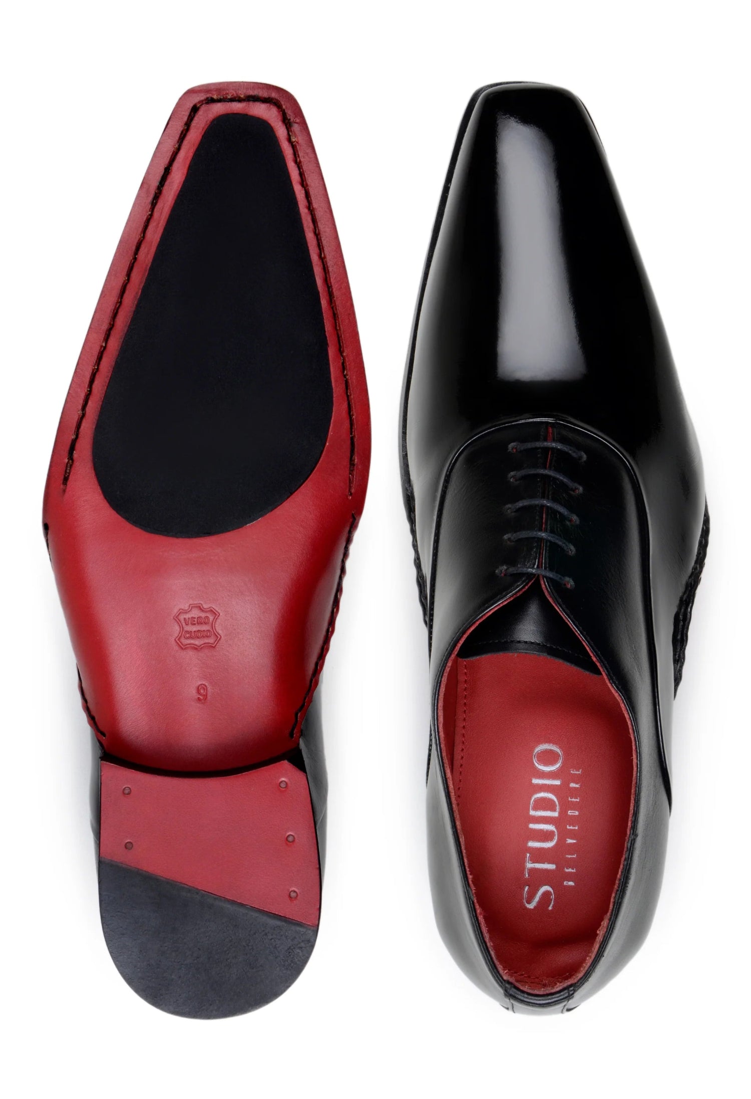 black oxford shoe red interior detail