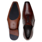 Top and leather outsole with rubber insert on antique cognac Maestro Oxford