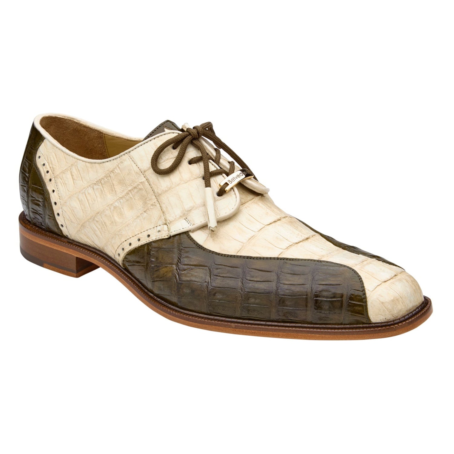 bone and olive genuine caiman oxford shoe side view