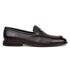 Side view of brown Italian deerskin bit loafer