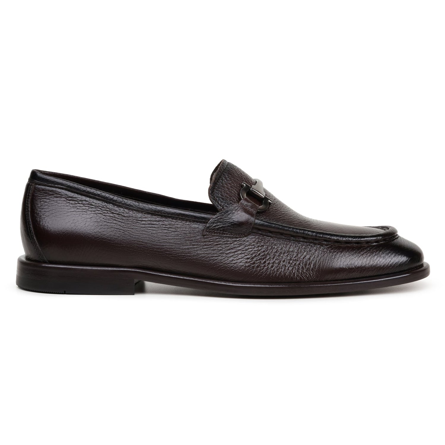 Side view of brown Italian deerskin bit loafer