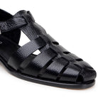 black deerskin leather buckle sandal top and angle view