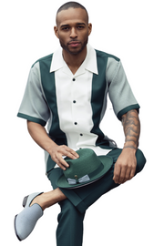 Houndour Collection: Men's Houndstooth with Color Block Walking Suit Set In Emerald -2424