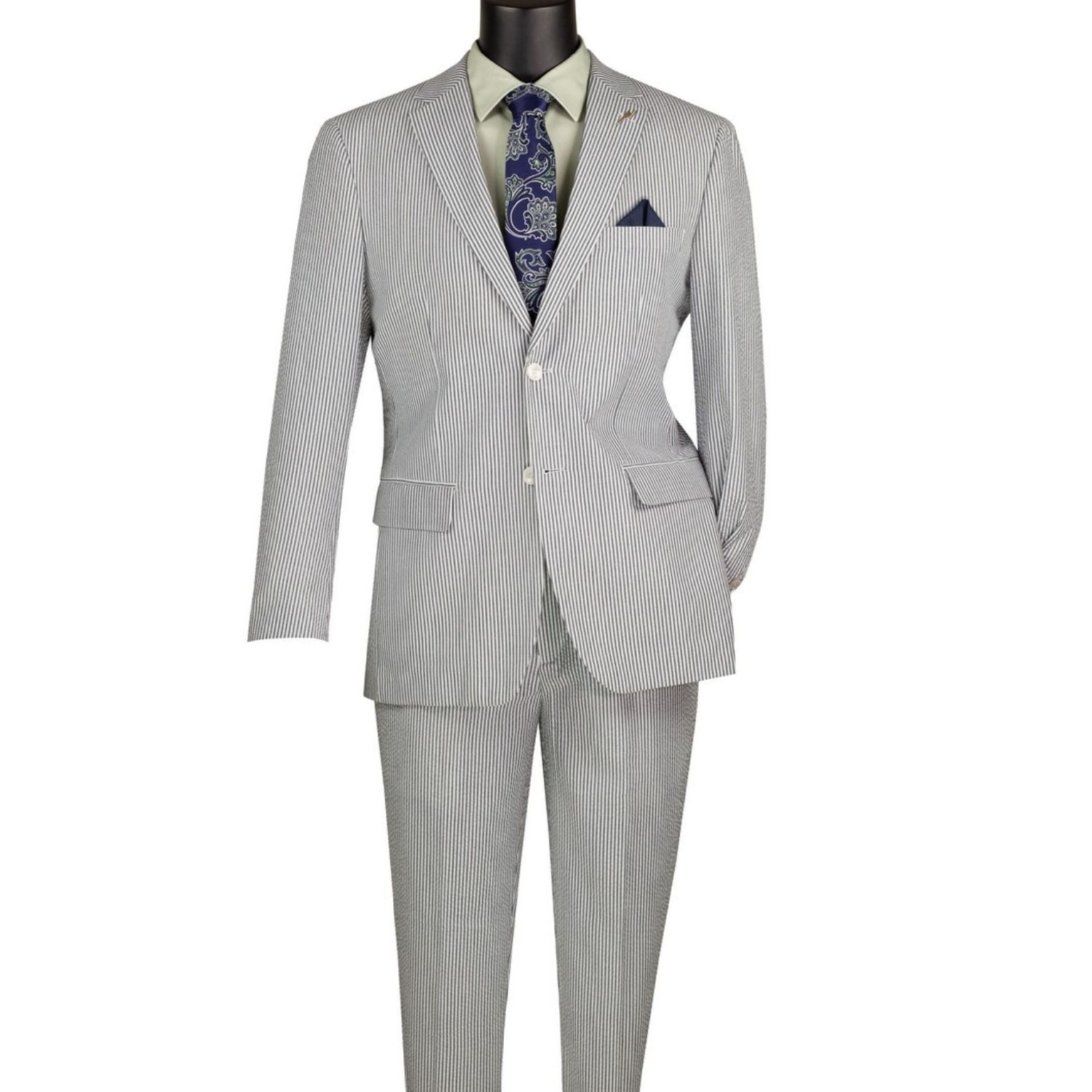 Men's green seersucker stripe modern fit 2-piece suit with adjustable waistband
