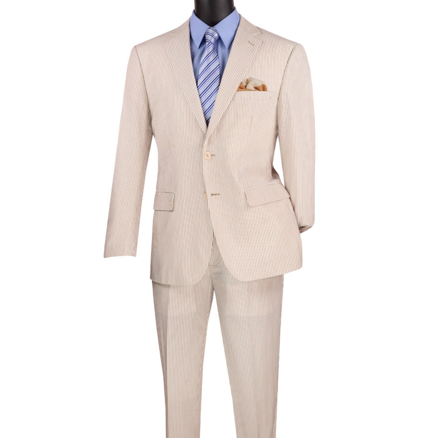 Men's tan seersucker stripe modern fit 2-piece suit with adjustable waistband