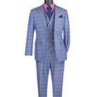 Men's blue windowpane plaid 3-piece modern fit suit with double-breasted vest