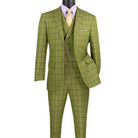 Men's moss green windowpane plaid 3-piece modern fit suit with double-breasted vest